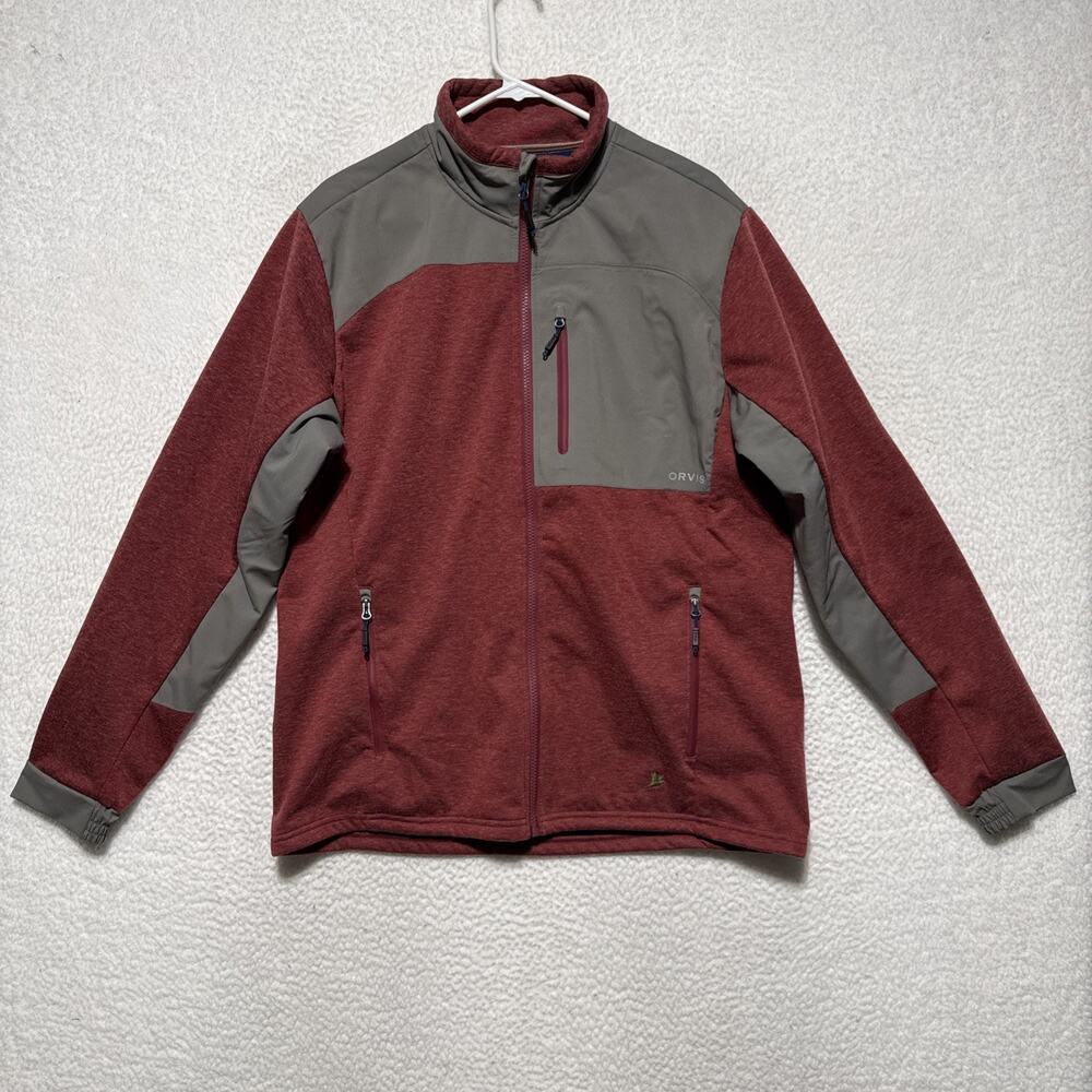 ORVIS Hybrid Wool Fleece Full Zip Jacket/Coat Zip Pockets L Heather Maroon/Gray